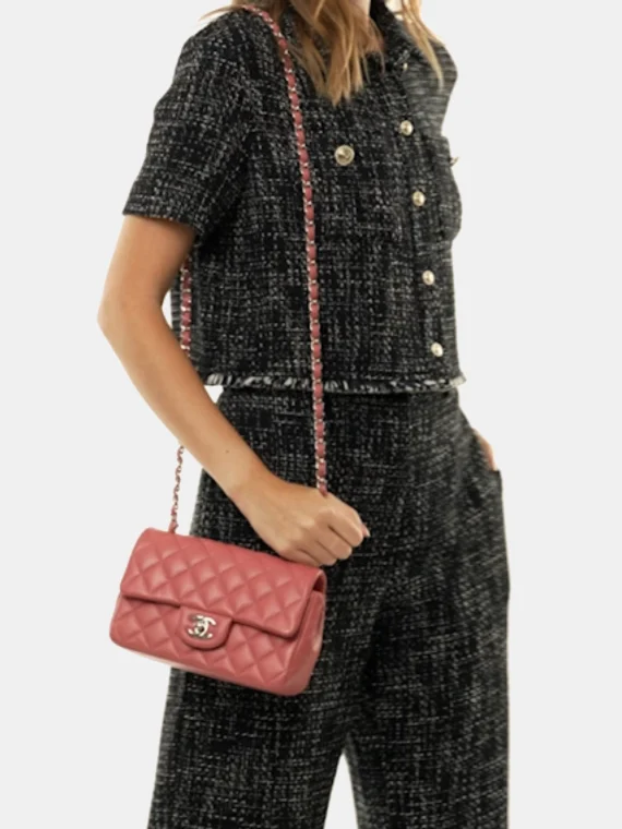 Chanel Medium Classic Double Flap Bag Rose Sakura Tweed Light Gold Hardware